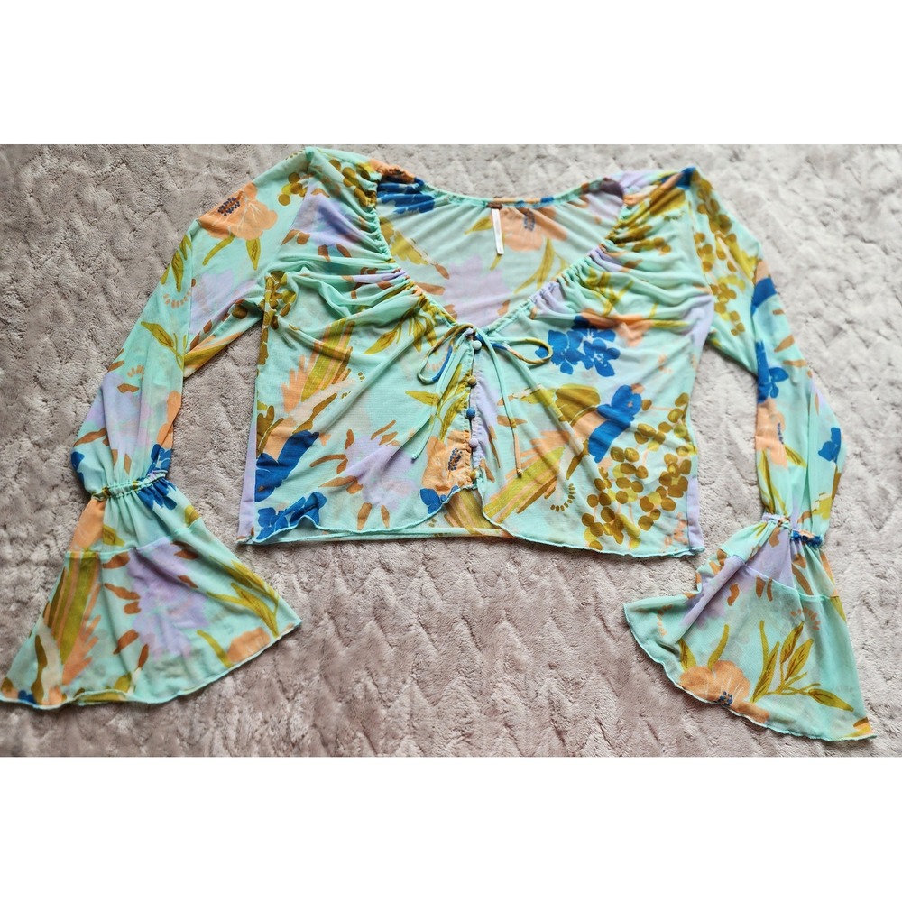 Free People Floral Mesh Tie Front Bell Sleeve Blouse Mint Green Womens Small